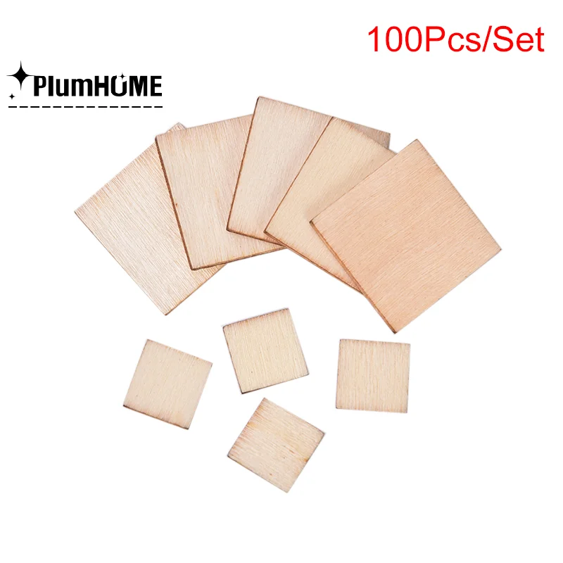 100pcs Blank Squares Wood Pieces Round Corner Square Wooden Cutouts DIY Craft
