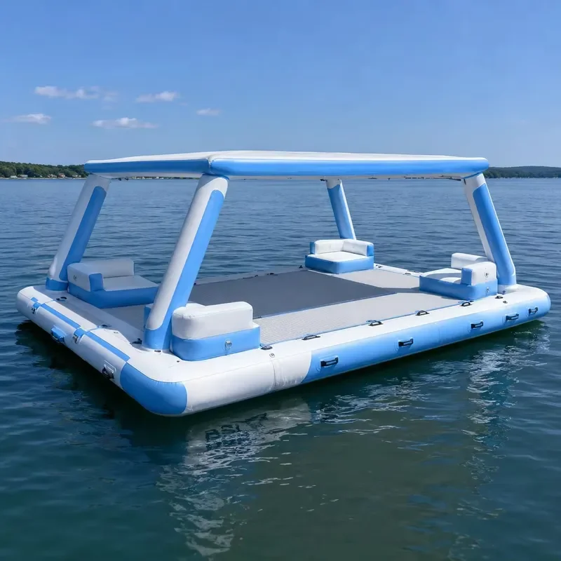 Inflatable Floating Lounge with Canopy Sofa and Wood Grain Floor for Hotel Resort