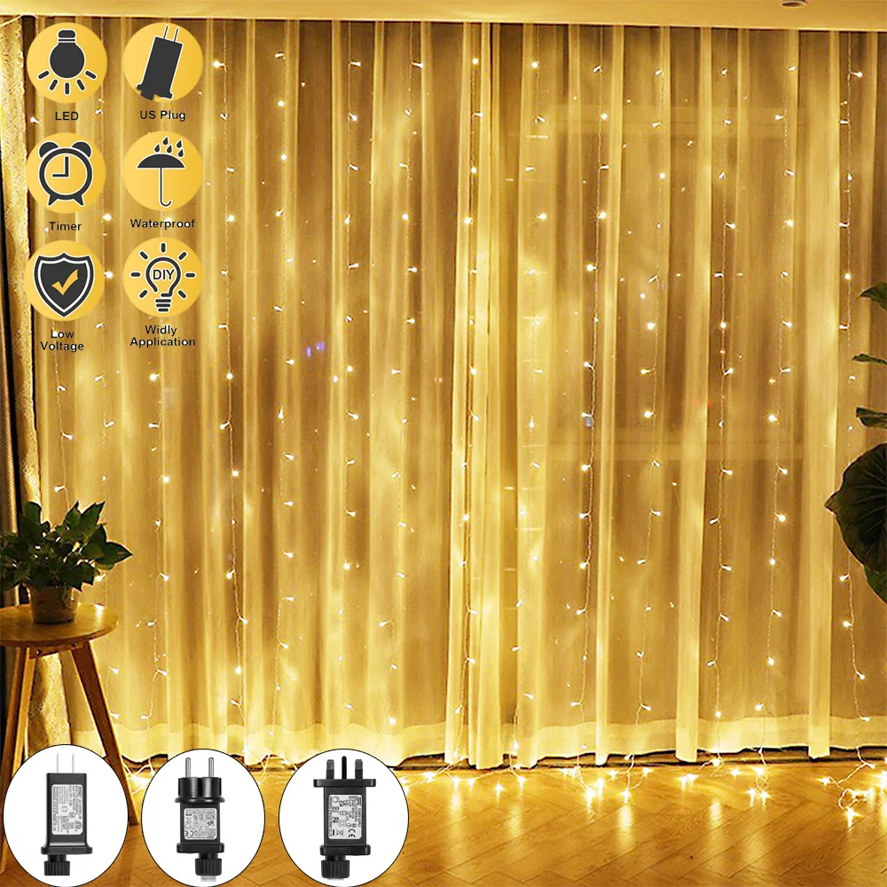 3M LED Garland Curtain Lights Plug in 8 Modes Christmas Icicle String Fairy Lighrs Timer Waterproof Garden Xmas Indoor Decor