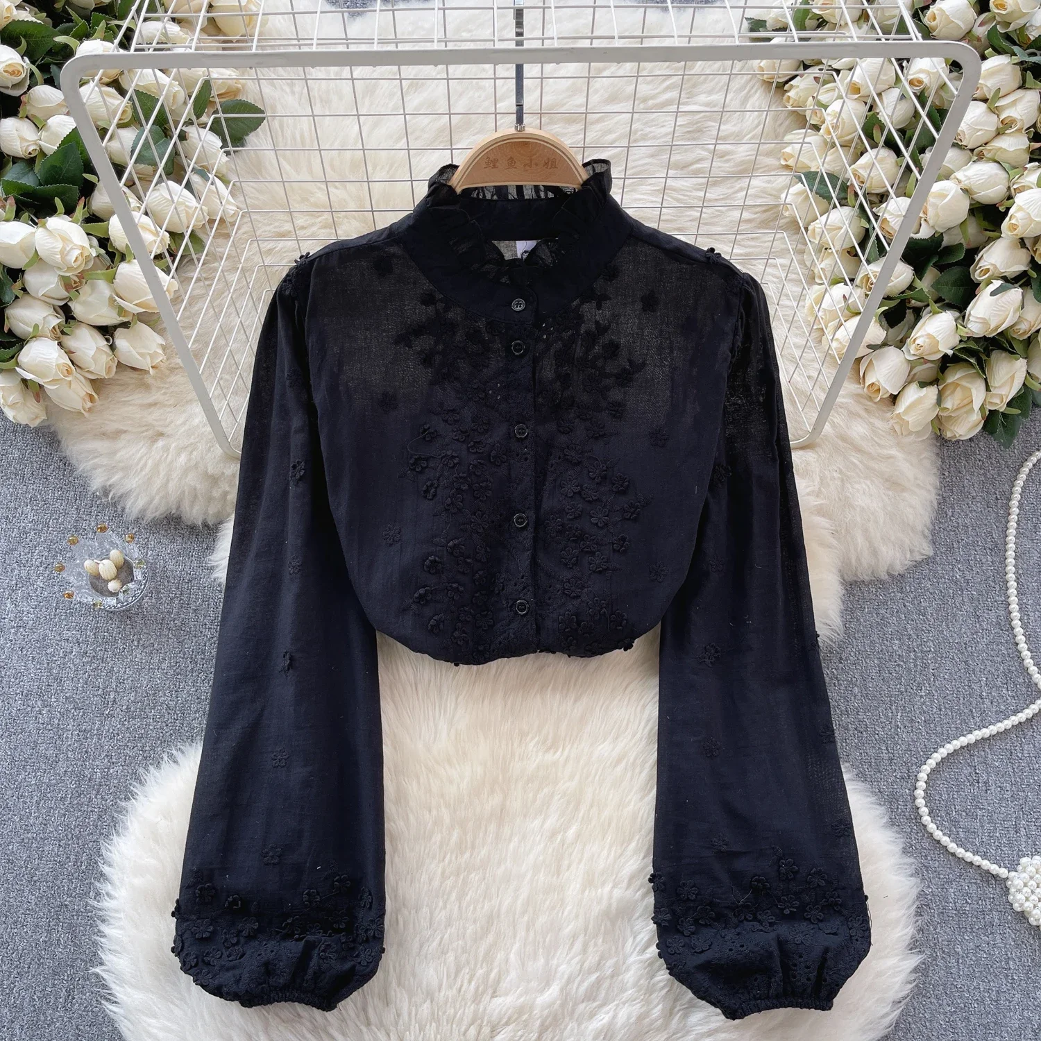 Vintage Stand Neck Basics Long Puff Sleeve Slim Ear Fungus Edge Chic Floral Embroidered Top Bohemian Women Fashion Autumn Blouse