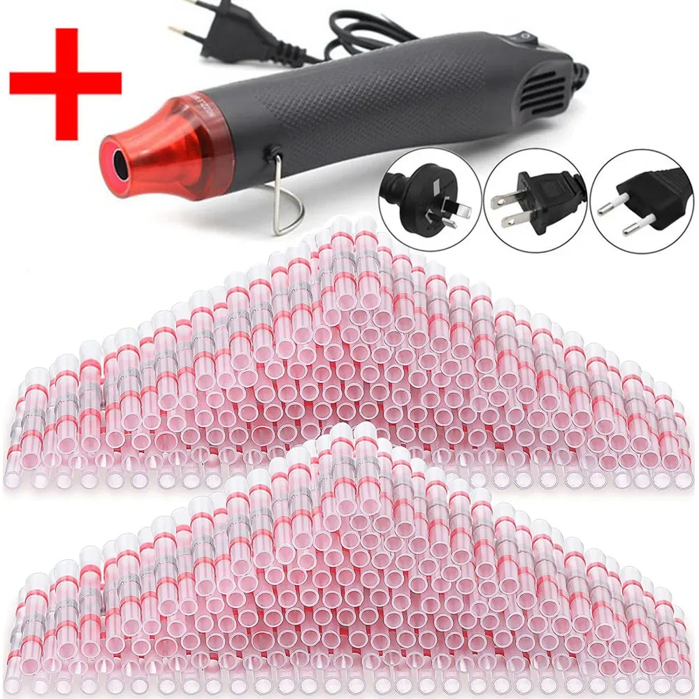 50-1000PCS Heat Shrink Butt AWG22-18 Red Solder Insulated Waterproof Electrical Splice Wire Connectors with Hot Air Gun Us/Eu
