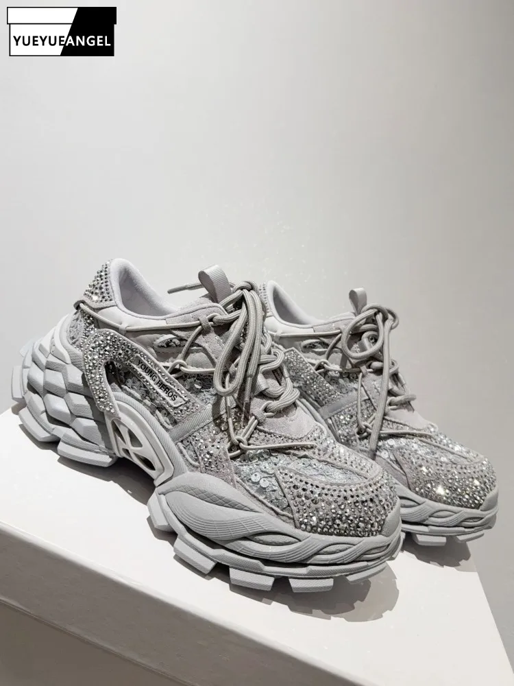 Lady Spring New Sequin Diamond Shoes Pumps Lace Up Cowhide Spliced Mesh Shoes Height Increasing Casual Sneakers Low Cut Footwear