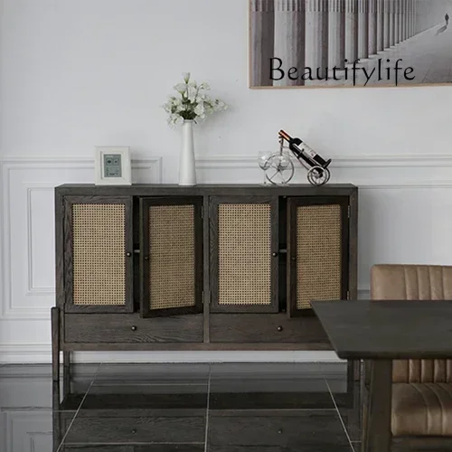 Quiet Style Oak Meal Side Cabinet Double Open Locker B & B Complete Living Room Vintage Rattan Storage Side Cabinet