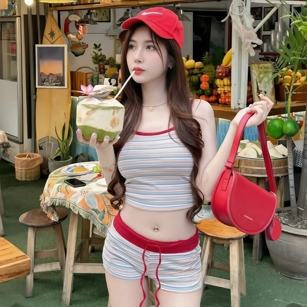 

2026 Fashion Women's Swimsuit Korean Ins Pure Desire Sexy Sweet Girl Contrasting Color Striped Suspender Shorts Купальник