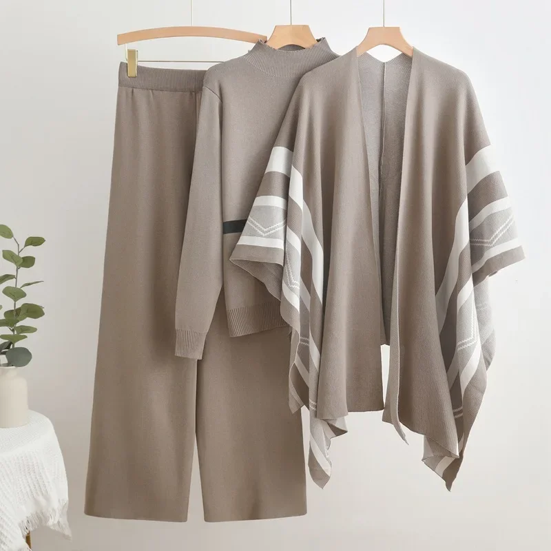 

Elegant Design Knitted 3 Piece Sets Korean High Waist Wide Leg Pants Ensembles Women Knit Solid Sweater Casual Shawl Conjuntos