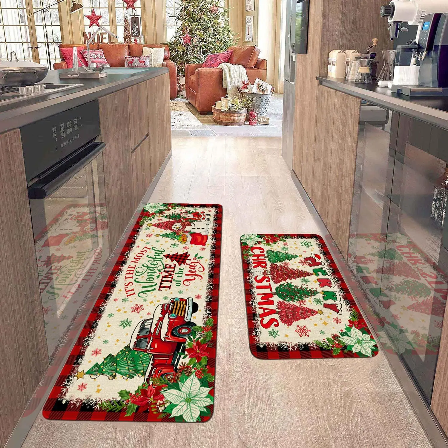 VIKAMA 1/2 Stück Fußmatte mit Weihnachtsatmosphäre, rutschfest, langlebig, Küchenteppich, Badezimmer, Toilette, Bodenmatte, Heimdekoration