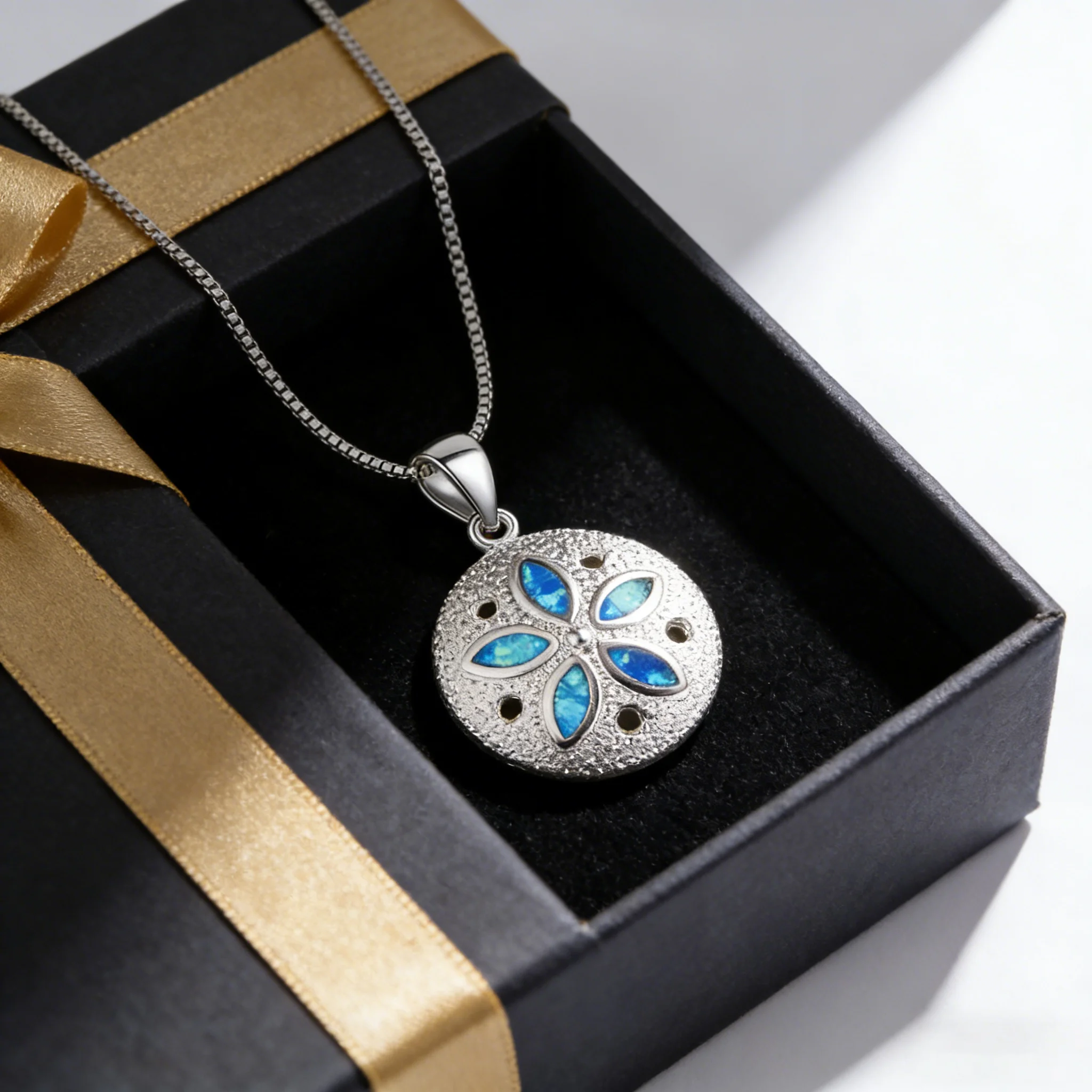 قلادة على شكل زهرة أوبال زرقاء، قلادة مطروقة فضية اللون مع نقاط منقطة، سلسلة مجوهرات بوهيمية بسيطة هدية للنساء #6