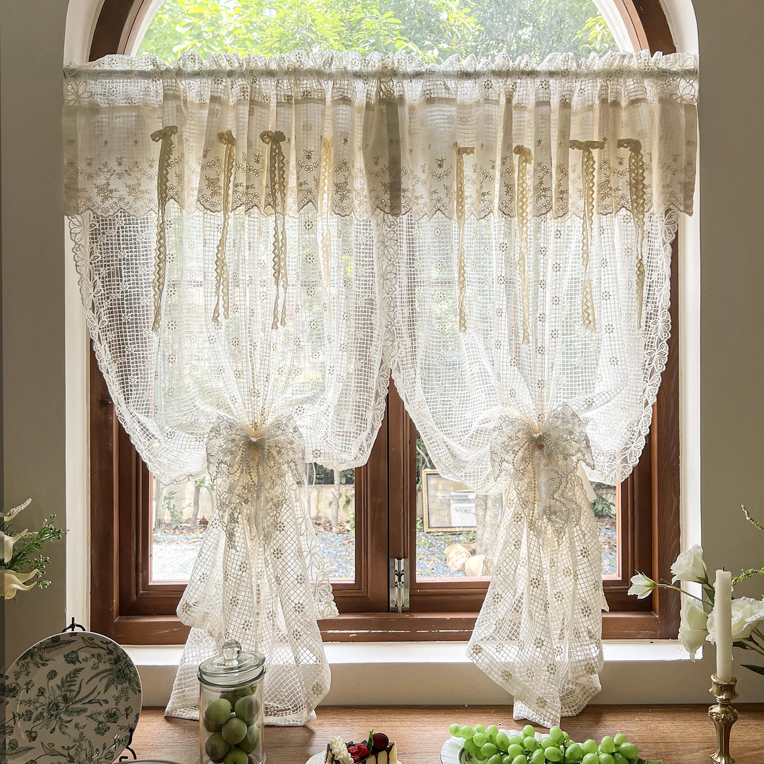 

Beige French Country Embroidered Flowers Tulle with Lace Bow Valance Vintage Voile Farmhouse Curtains for Window Decorative Yarn