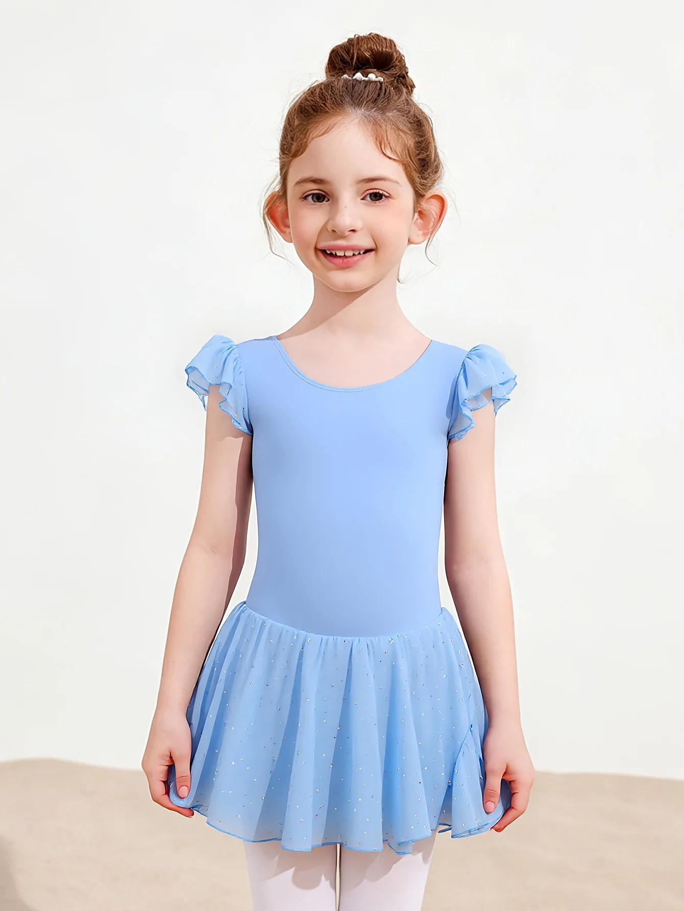 Girl Summer Double Ruffle Flutter Sleeve Ballet Leotard Sequins Skirt Kids Dance Training Gymnastics Daily Practice Stage Outfit