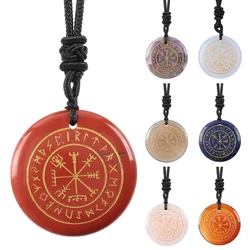 Natural Stone Carve Nordic Runes Pendant Obsidian Amethyst Rose Quartz Reiki Healing Crystal Necklace Men's Women's Jewelry