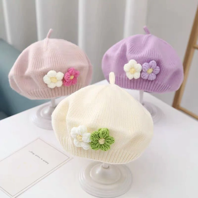 Boinas de lana con flores para bebé y niña, gorro de punto cálido, Color sólido, coreano, pintor, Otoño e Invierno