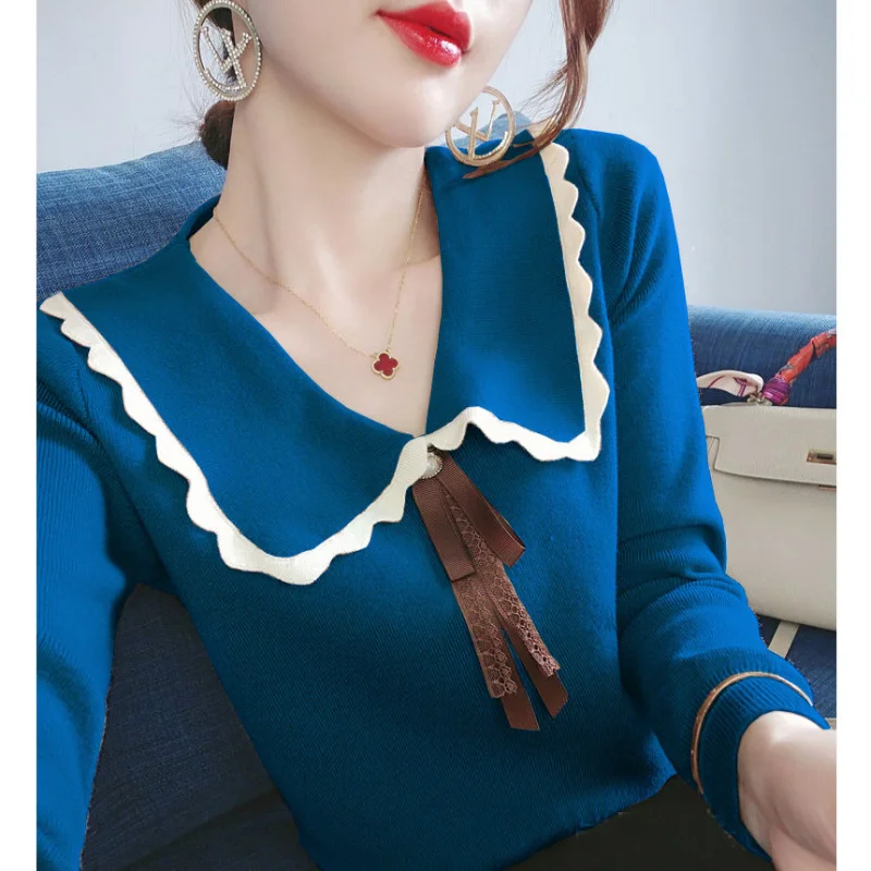 New Women\'s Clothing Peter Pan Collar Knitted Long Sleeve Loose Commuter Autumn Winter Solid Color Spliced Sweaters Jumpers