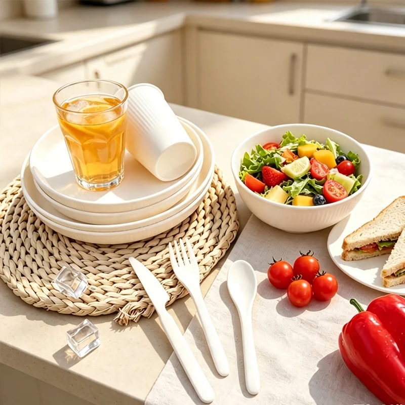 7pcsPP tableware set is a non-fragile and reusable plate, bowl and cup, which is suitable for camping family kitchens.