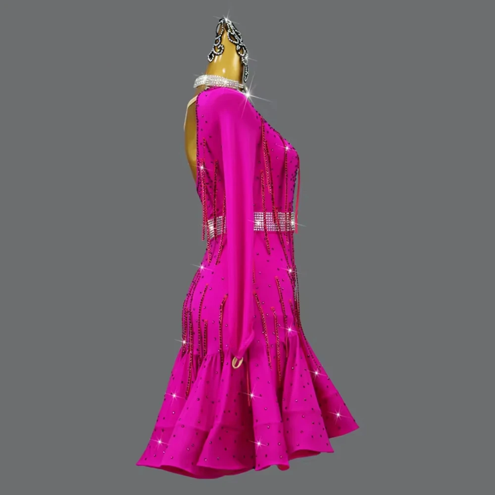 2025 nieuwe latin danswedstrijd kostuum sexy nieuwe volwassen slijtage vrouwen midi jurk ballroom kleding meisje sport party rok aangepast