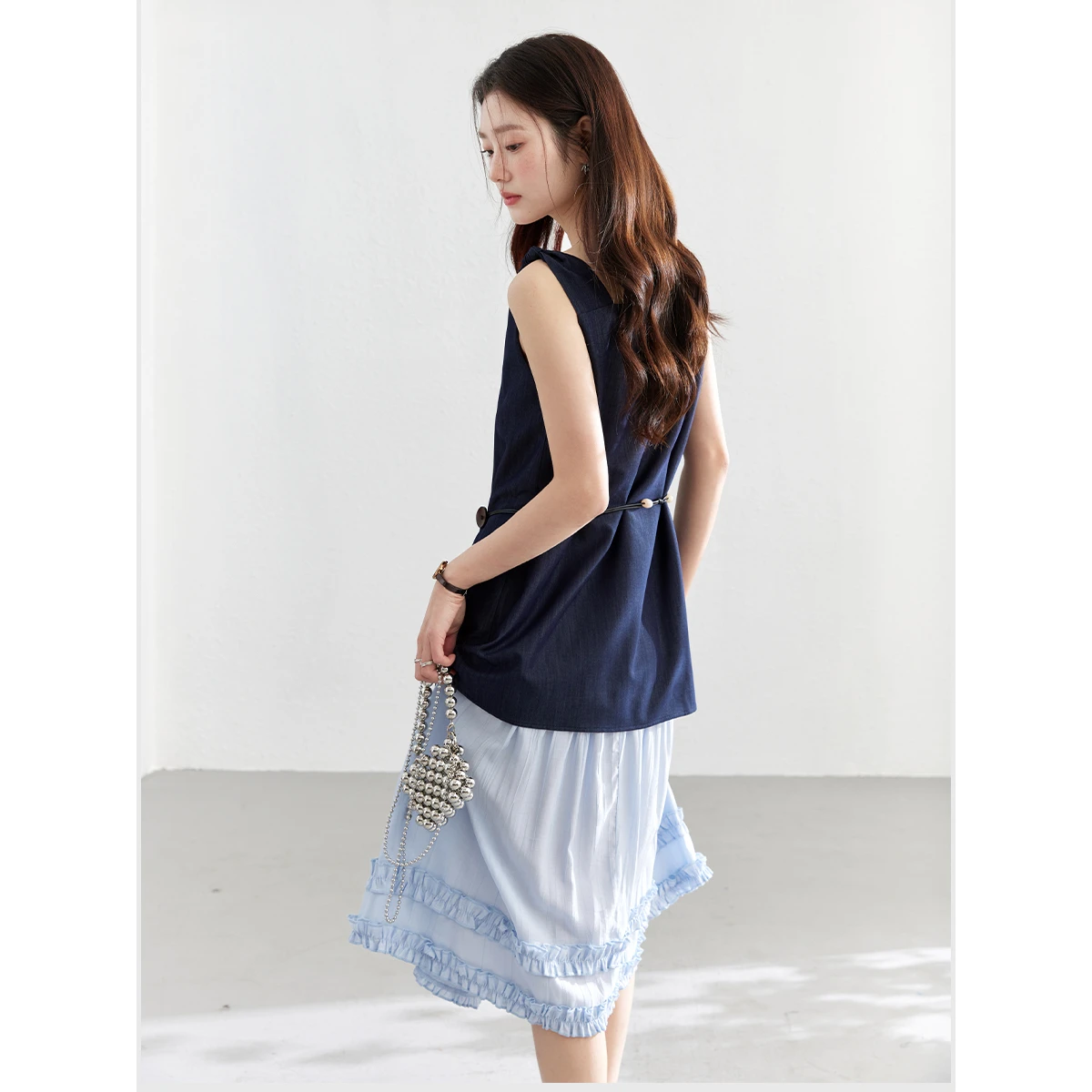 VIMLY Casual Color Block Sleeveless Dress Women Asymmetrical Front Faux Layered Double Layer Ruffle Hem Straight Dress 30837