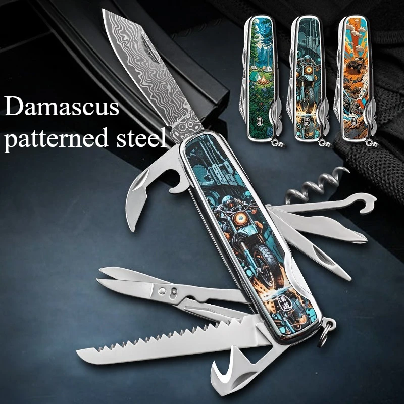 

2025 New Damascus Pattern Steel Knife Outdoor Folding Sharp Knife Camping Portable EDC Tool