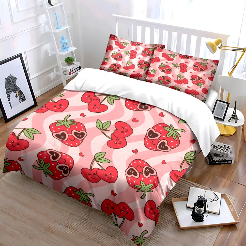 Cute strawberry cherry cartoon pattern Bedding Set for Kids Luxury Gift 3pcs Digital Print Comforter Set Soft Comfortable