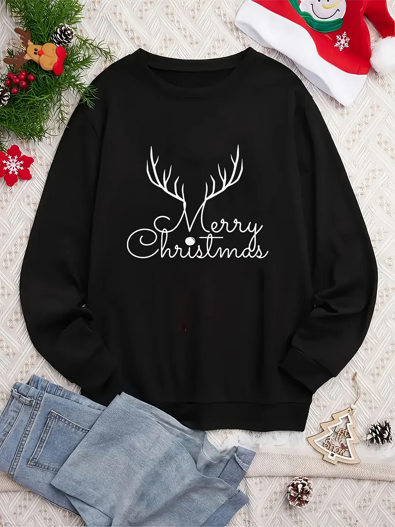 Unisex Merry Christmas Reindeer Antlers Sweatshirt - White Festive Holiday Casual Crewneck Pullover