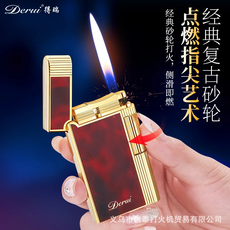 2026 De Rui DR-268 Finely Carved Side-sliding Metal Grinding Wheel Inflatable Lighter Vibrato Popular High-end Gift Lighter
