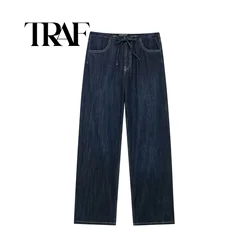 TRAF Women Spring Autumn New Solid Color Bow Lace Up Retro Jeans Pants Chic Female High Waisted Wide Legs Trousers 5520221