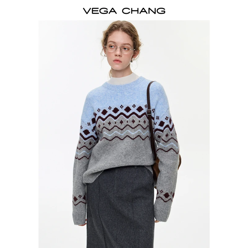 

Vega Chang New Winter Women's Wool Blend Knitwear Contrasting Color Jacquard Knitwear
