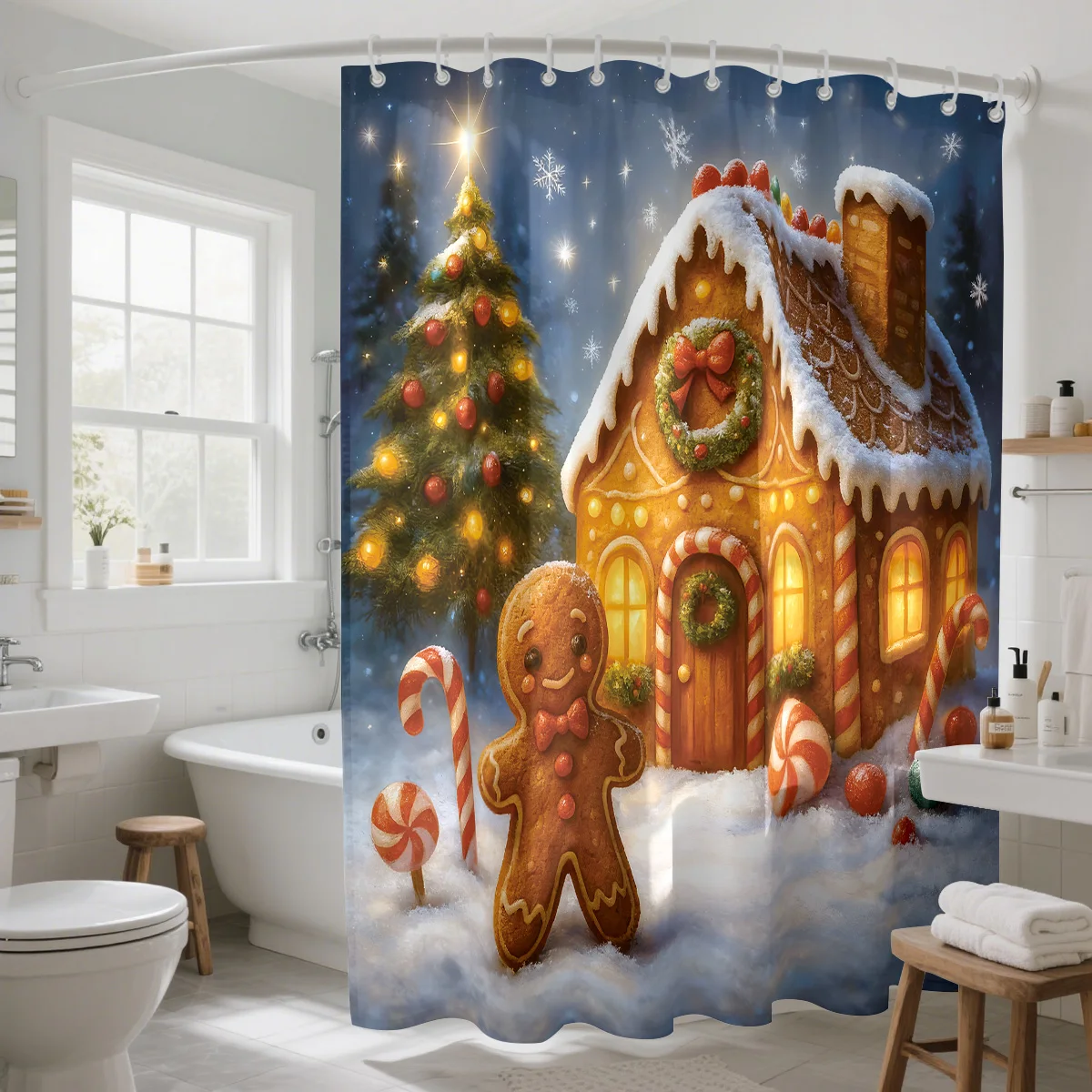 1pc Christmas House Gingerbread Man Printed Waterproof Shower Curtain Privacy Hanging Curtain with 12 Hooks Multi Size