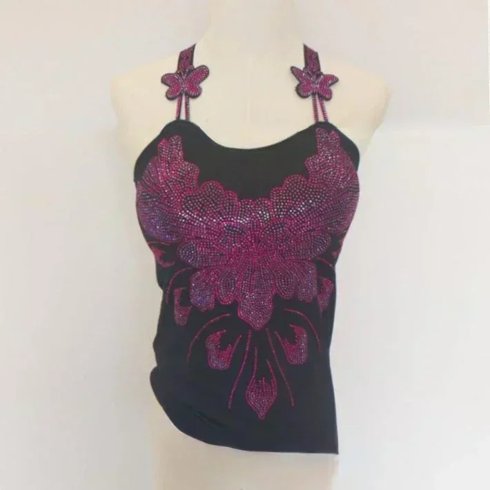 النساء الأحمر الذهب الأحجار الكريمة الدبابات القمم امرأة الراين الدبابات المرأة مبطن كاميس زهرة كاميس