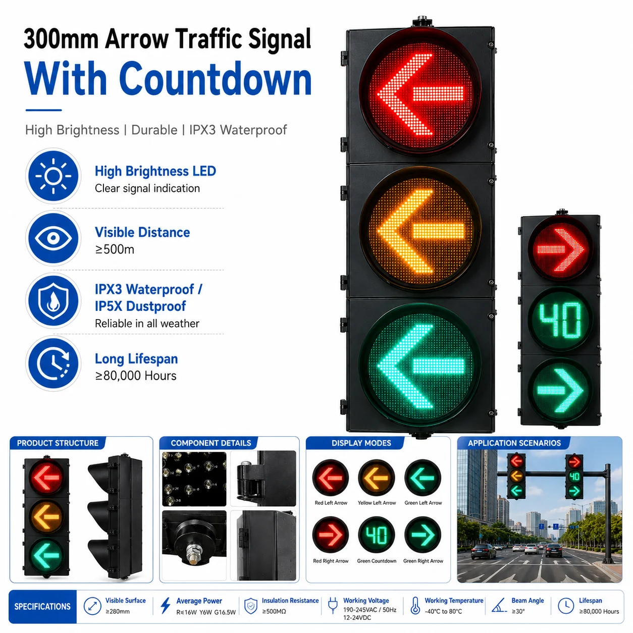 300Mm 3-segment LED bicycle traffic light dynamic countdown timer