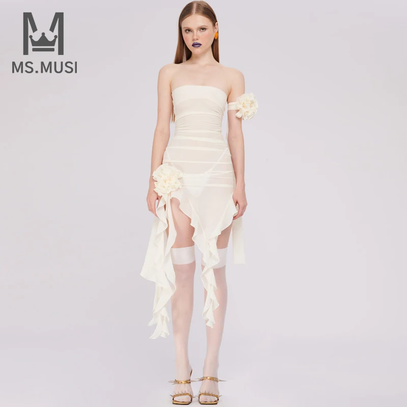 

MSMUSI 2023 New Fashion Designer Women Sexy Floral Ruffles Lace Mesh Draped Sleeveless Backless Bodycon Party Club Midi Dress