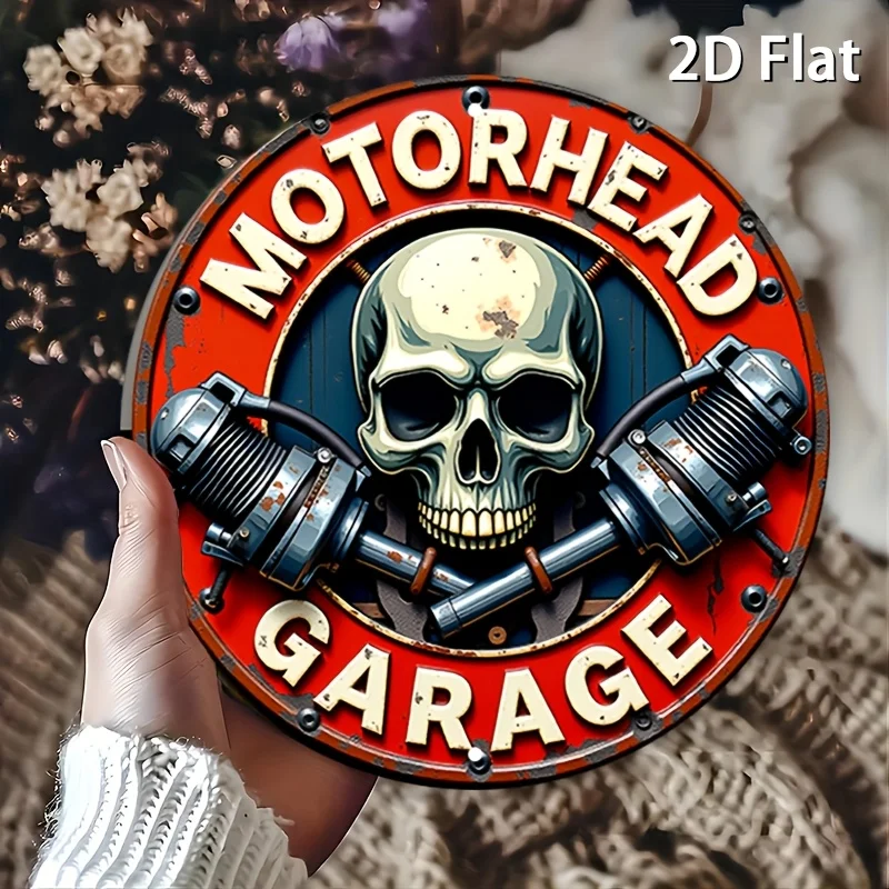 2D Flaches Retro-Metallschild „Motorhead Garage Skull & Pistons“ – Rock & Roll Wanddeko, Distressed Totenkopf & Motor