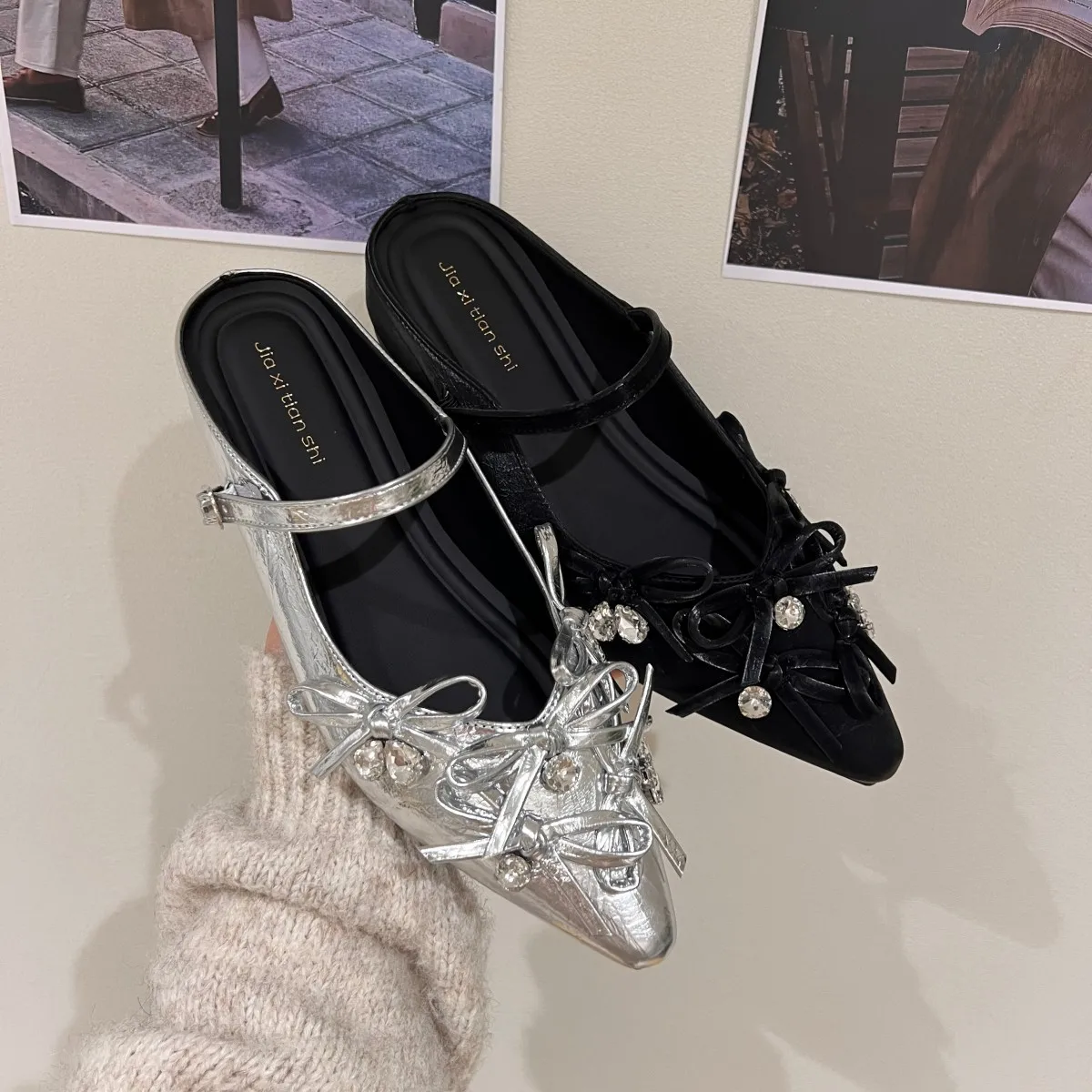 Women's Summer Pointed Toe Sandals Fashion Crystal Slip on Slides Casual Street Style Slingback Slippers Chaussure Femme A Talon