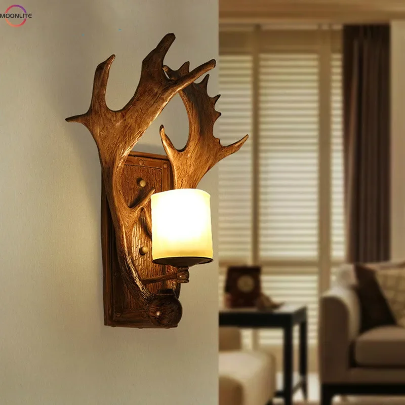 

Nordic antique creative resin antler wall lamp rural pastoral staircase balcony porch study decorative wall lamp