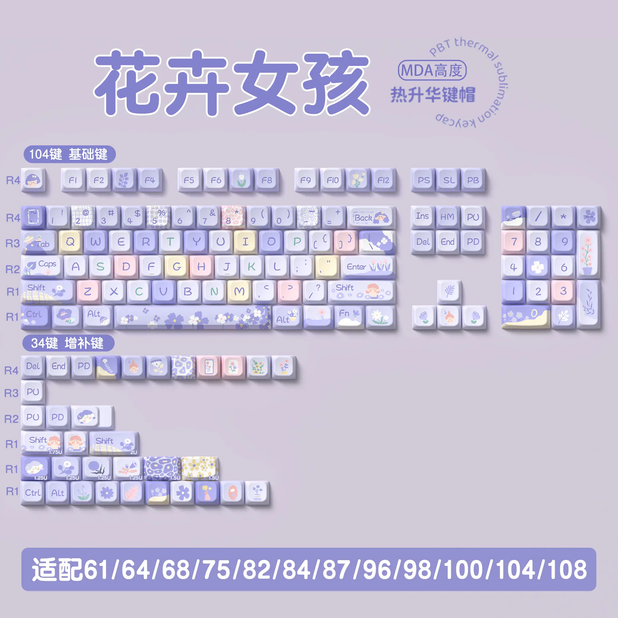 Flower Girl – capuchon de clavier mécanique MDA/hauteur originale, adapté à RK R87 VGN N75 Tarantula F99