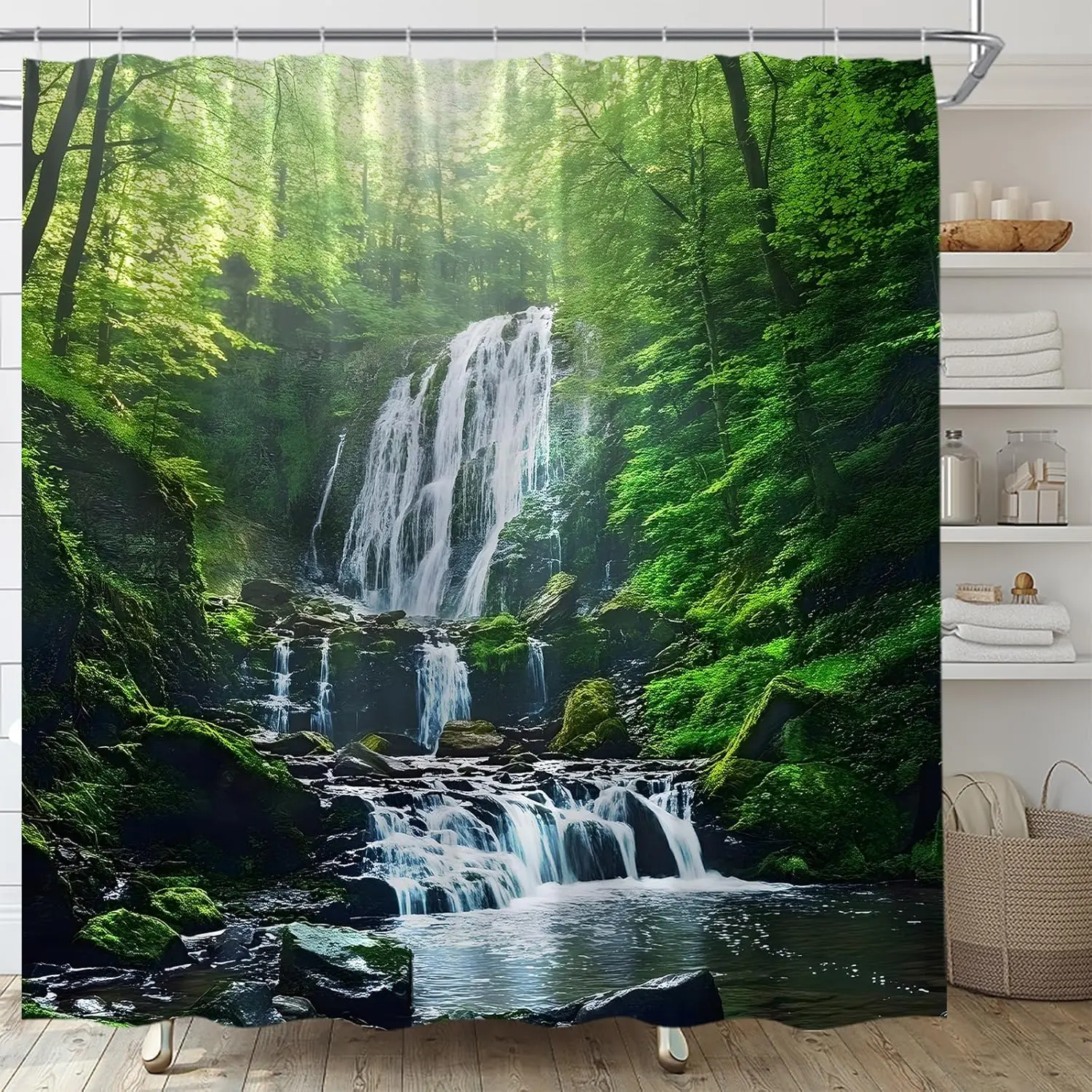 

Занавеска для душа с водопадом, зеленый лес, джунгли, природный пейзаж, тропический пейзаж, тропический пейзаж на открытом воздухе, ткань для ванной комнаты с озером и рекой