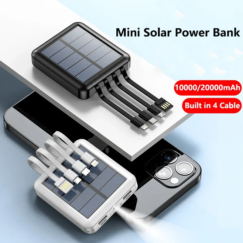 JayoWade Mini Solar Power Bank 20000mAh Built in 4 Cable Portable Solar Charger Powerbank Battery Pack Power Bank with LED Light view 2