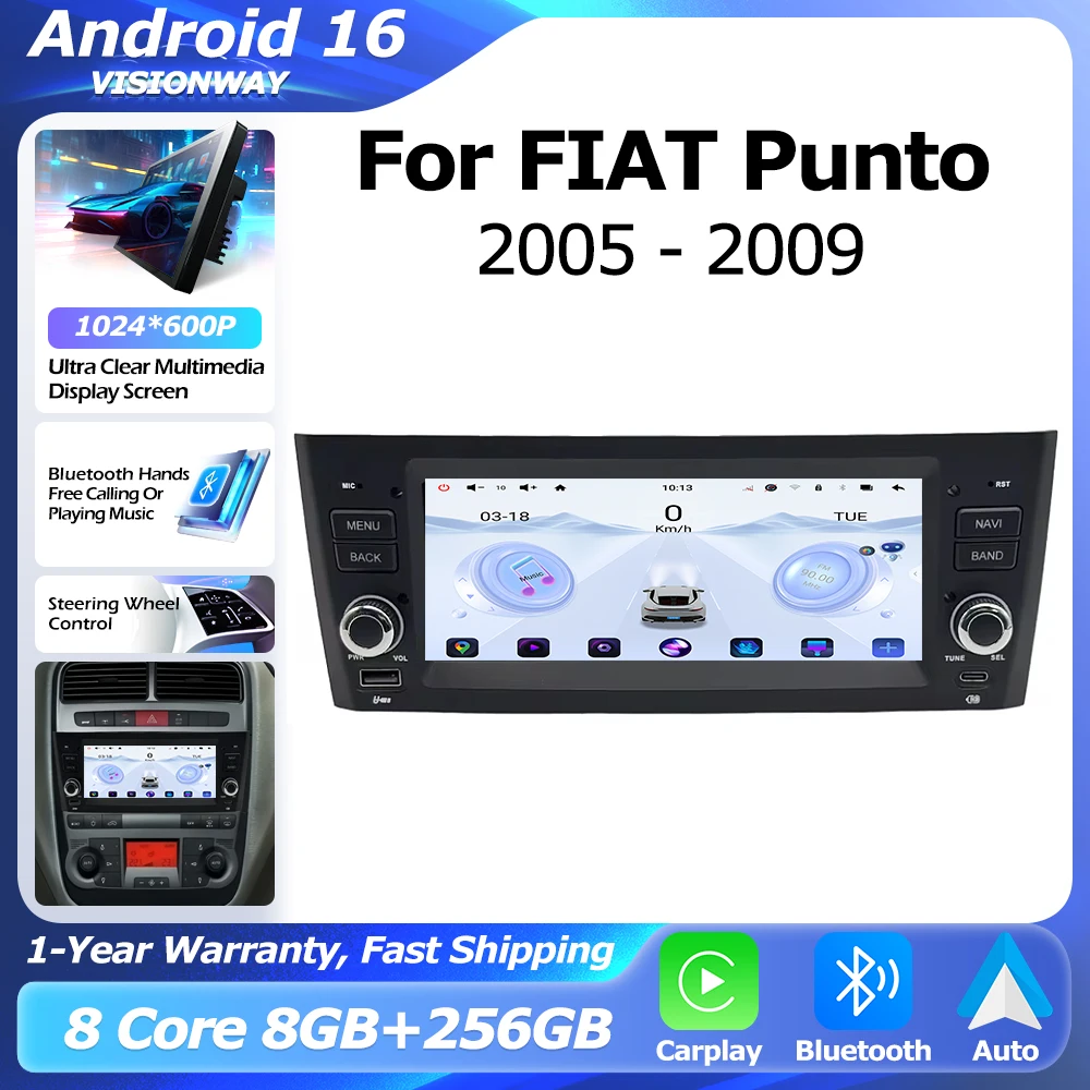 Android Auto 7 inch For FIAT Punto 2005-2009 For Linea 2007-2011 Car Radio Wireless CarPlay Lntelligent Multimedia Player GPS