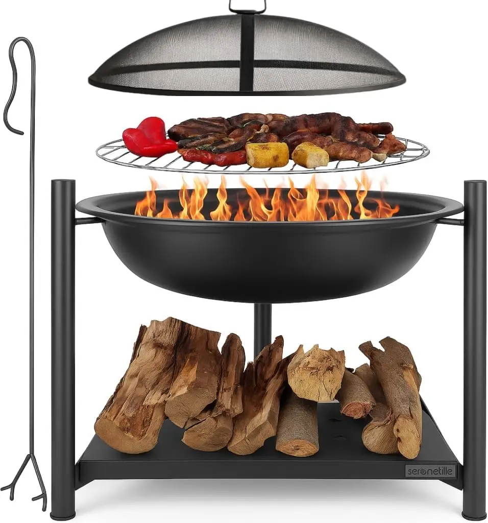 

26" Outdoor Wood Fire Pit with BBQ Grill, Mesh Screen, and Wood Storage – Heavy-Duty Steel Frame, Heat-Resistant – Id