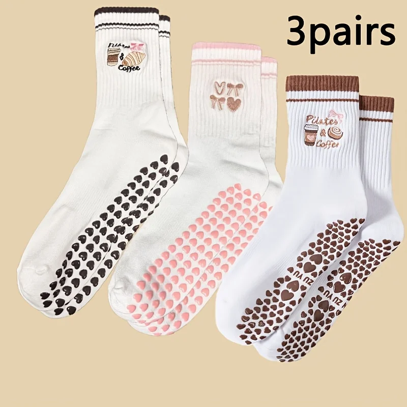 

Coffee Heart Non-Slip Socks 3-Pair Pack | Embroidered Coffee + Heart-Shaped Grip Dots, Soft, Cute, and Non-Slip