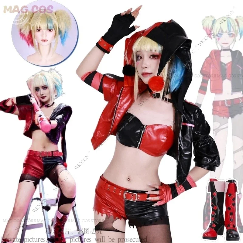 

Harley Cosplay Costume Anime Quinzel Suicide Isekai Joker Girl Squad Cosplay Halloween Costume Wigs Shoes Clown Woman Sexy Party