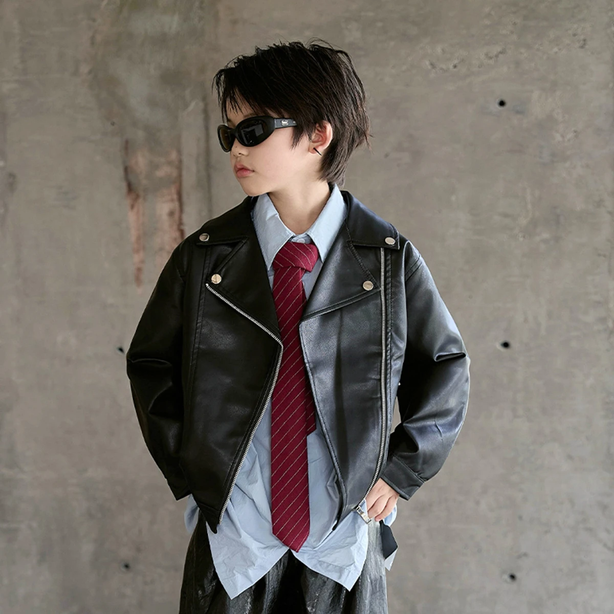 Teen Boys Biker Faux Leather Jacket Casual Cool Streetwear Fall School Kids Stand-collar Leather Coat Versatile Child Outerwear