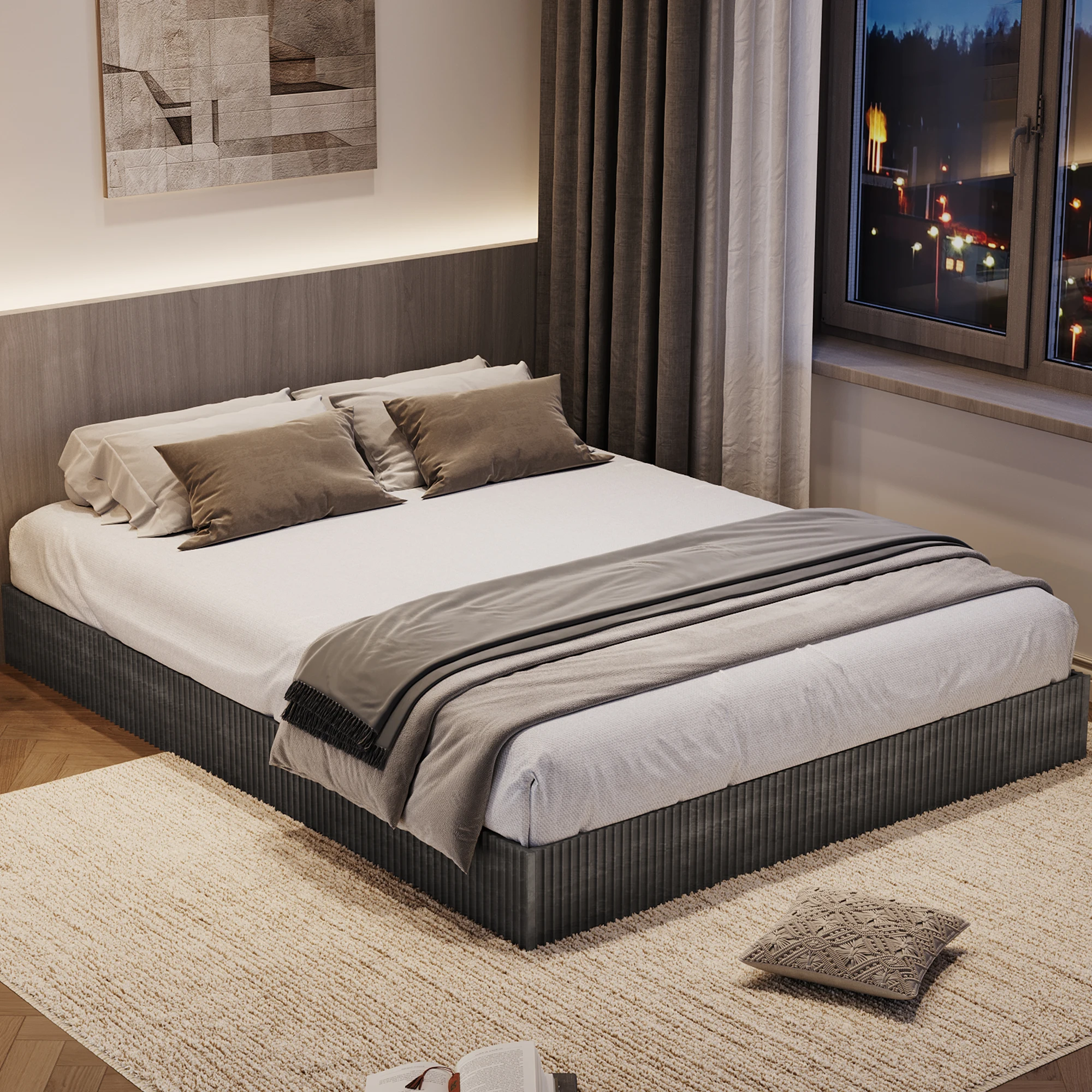 Minimalist Fluted Wood Platform Bed Frame – Low Profile, Noise-Free, Easy Assembly, No Box Spring Needed – Modern Bedroom Furniture – Walnut or Cream Finish – Full/Queen/King