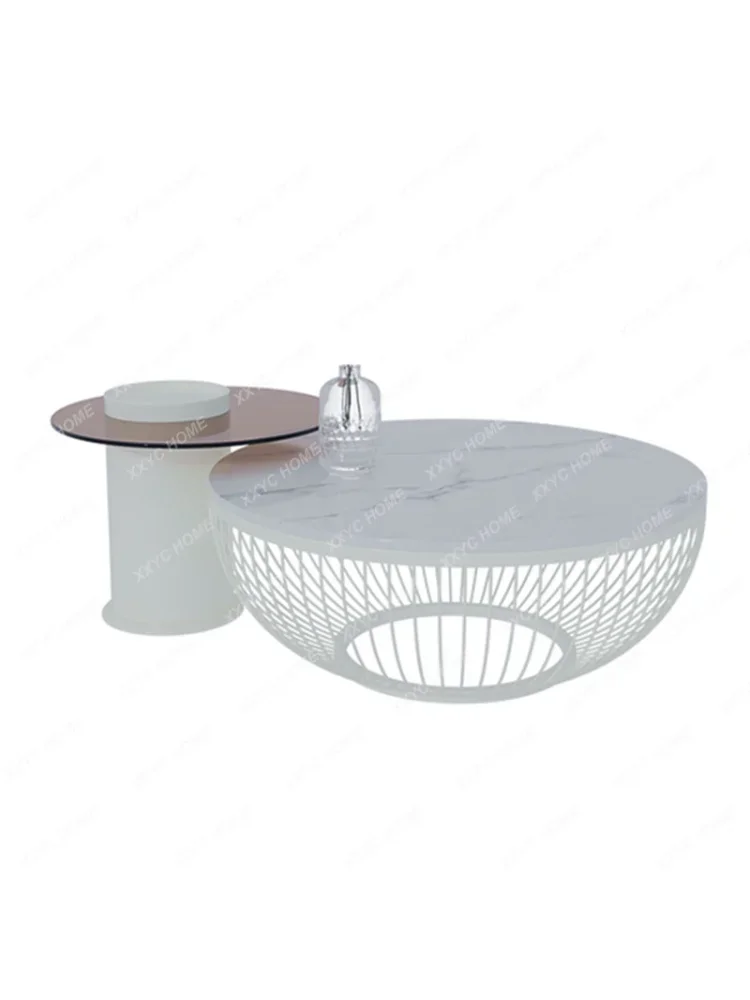 Cream Style TeaTable Combination Small Apartment Home Living Room round Table Modern Minimalist Stone Plate Tea Table Side Table