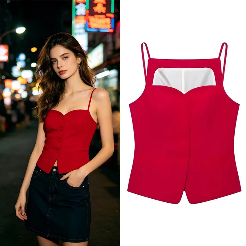 Guobioziy Women's Camisole 2026 Summer New Red Thin Strap Top With Heart Cut‑Out Perfect For Beach Holidays And Casual Wear