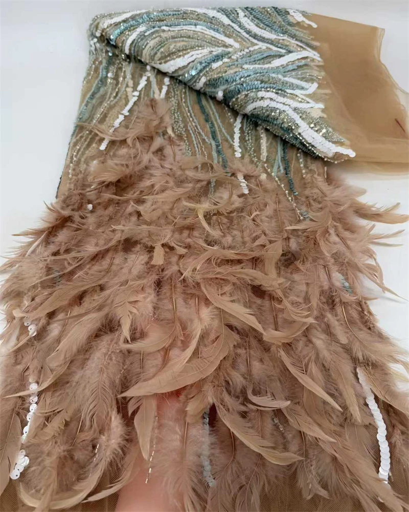 African 3D Feather Mesh Lace Fabric French Nigerian Handmade Beaded Sequin Lace Fabric for Ladies Party Dress Sewing