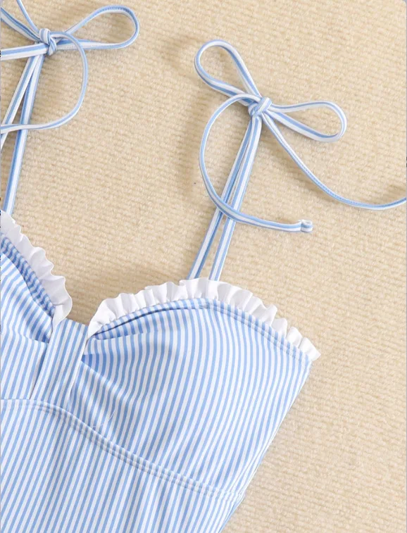 Traje de baño Sexy a rayas con volantes y tiras para mujer, traje de baño de una pieza, Monokini femenino, bañador acolchado, ropa deportiva para nadar
