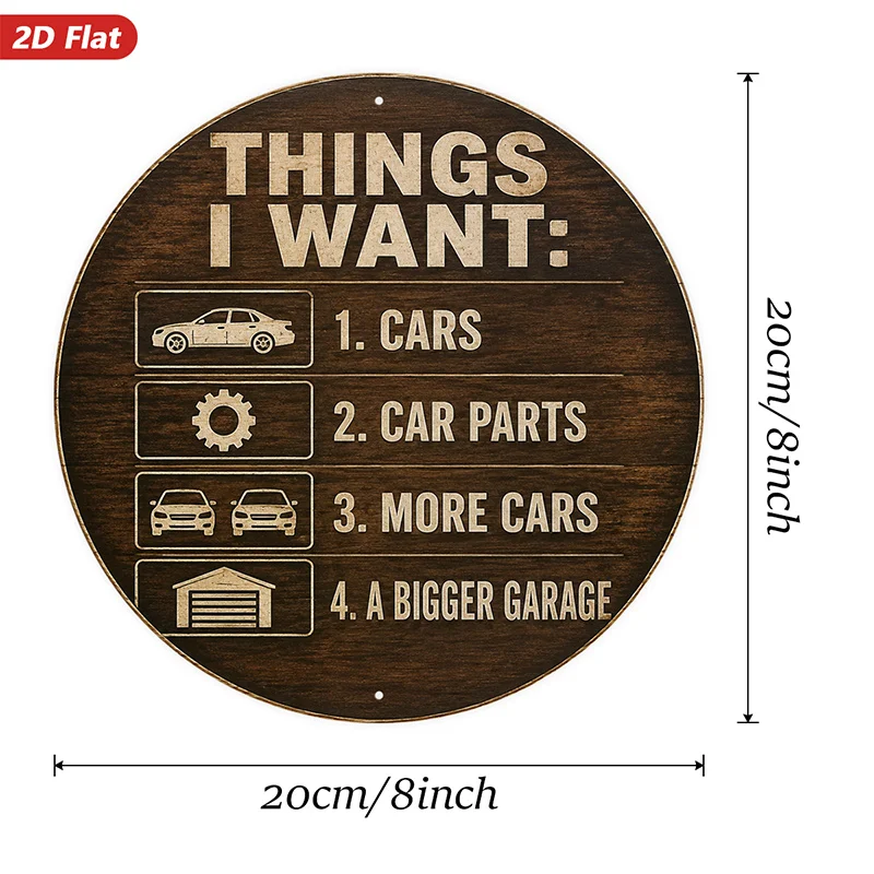 2D Flat, 1pc Car Lover Humor Round Metal Sign Wall Art, Things I Want Quote, Car Icons List, Cars Car Parts More Cars, Bigger Ga