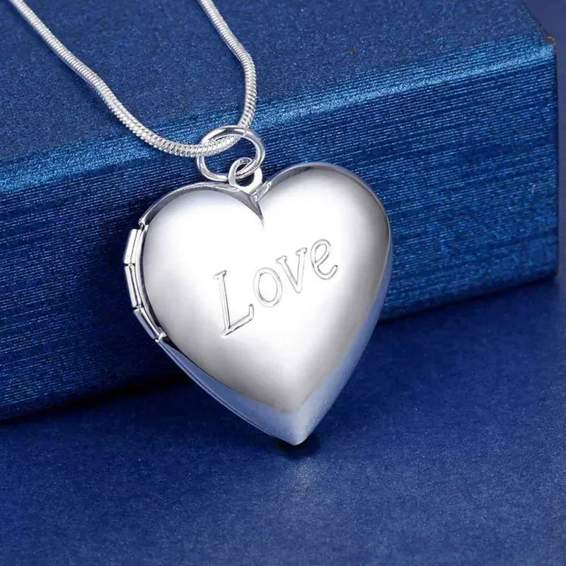 Hot romantic 925 Sterling Silver LOVE Heart photo frame Pendant Necklace for woman Fashion brands Jewelry Wedding party Gifts