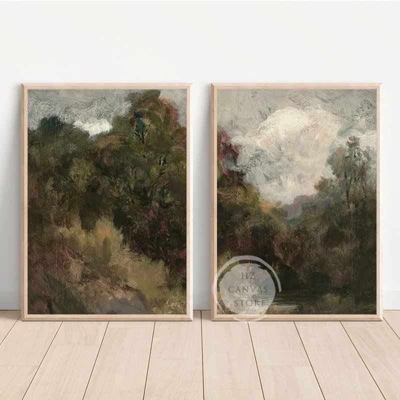 Moody Country Forest Landscape Poster Countryside Canvas Printing Vintage Wall Art Picture Rustic Farmhouse Room Home Decor