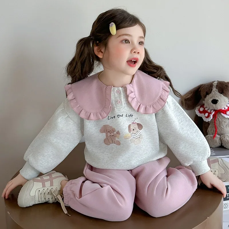 

Girls' Shirt and Sweatpants Two-piece Set, 2025 Autumn New Fashion, Stylish Little Girl, Doll Collar Set, Children's Clothing
