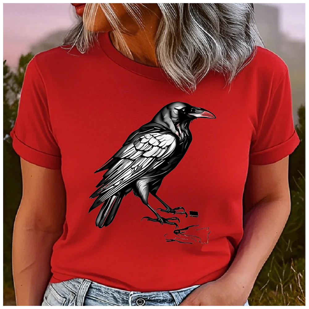 

Unisex 100% Cotton Summer Top - Sharp-eyed Black and White "Crow" Print Loose Round Neck Short Sleeve Fashionable